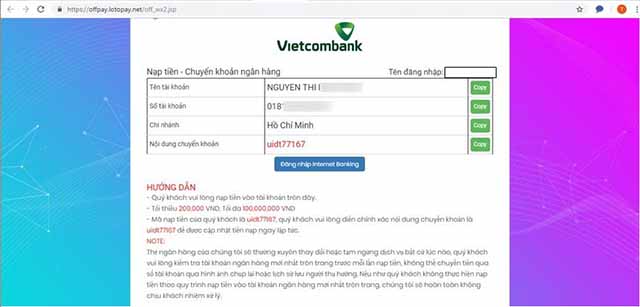 Giao diện nạp tiền qua Ngân hàng Vietcombank