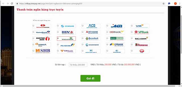 Giao diện ATM Online trong Chuyển khoản nhanh của LOTO188
