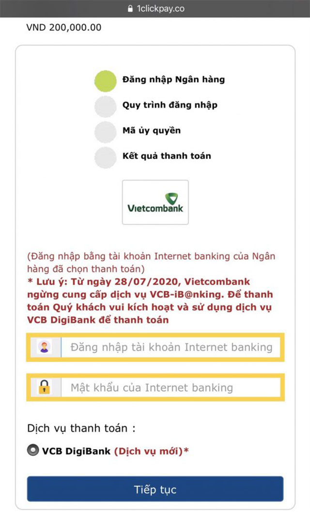 Đăng nhập tài khoản Internet Banking