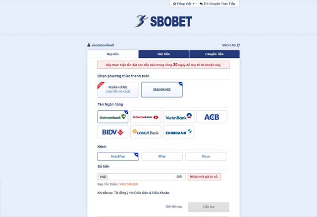 Nạp tiền SBOBET bằng Internet Banking